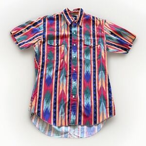 Vintage Wrangler Shirt Mens M Western Short Sleeve Aztec Rodeo 90s Cowboy